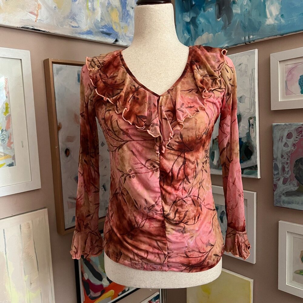 Fairy Grunge Whimsygoth Sheer y2k Floral‎ Mesh Ruffle Long Sleeve Top Fits XS/S